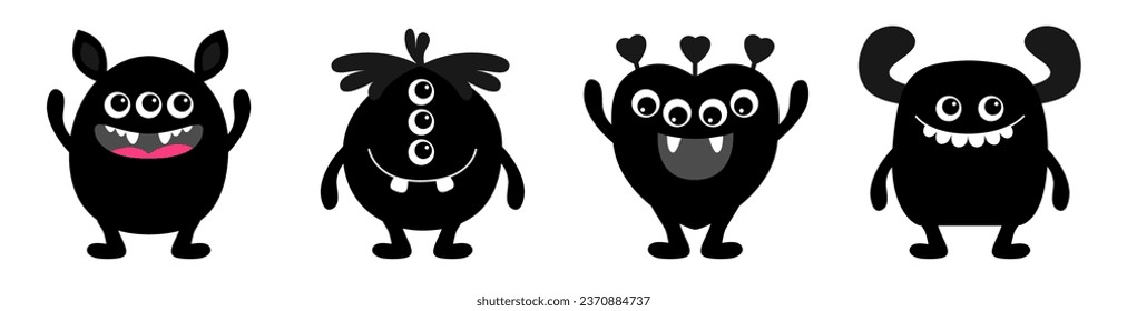 Monster set line. Black silhouette monsters. Happy Halloween. Cartoon kawaii funny boo character. Cute face with teeth, horns, eyes. Childish baby collection. White background. Flat design. Vector