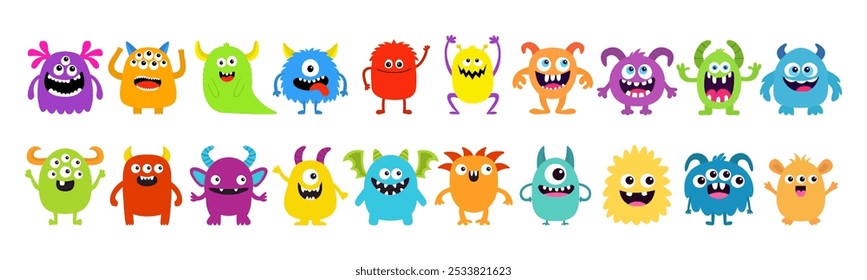 Monster set line. Colorful silhouette monsters. Happy Halloween. Cute kawaii cartoon funny boo character. Different face. Teeth, eyes, horns, hands. Childish style. Flat design White background Vector