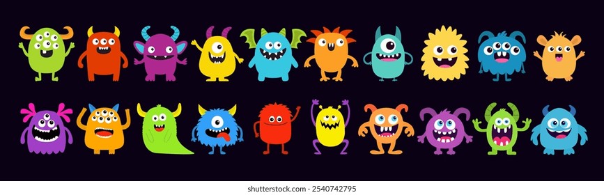 Monster set line. Colorful silhouette monsters. Happy Halloween. Cute kawaii cartoon funny boo character. Different face. Teeth, eyes, horns, hands. Childish style. Flat design Black background Vector