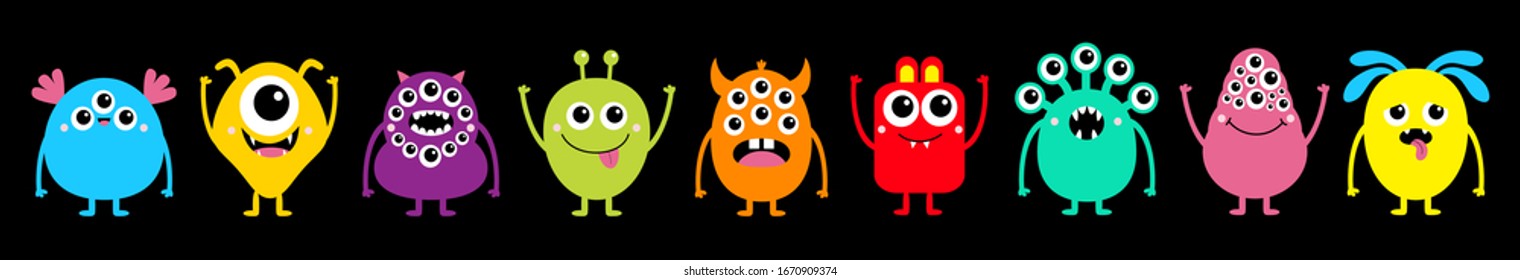 Monster set line. Cute kawaii cartoon colorful scary funny character icon. Happy Halloween. Eyes, horns, tongue, hands, fang teeth . Funny baby collection. Isolated Black background Flat design Vector