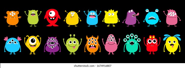 Monster set line. Cute kawaii cartoon colorful funny scary character icon. Happy Halloween. Eyes, horns, hands, tongue, fang teeth . Funny baby collection. Flat design Black background Isolated Vector