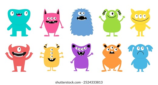 Monster set line. Different face. Happy Halloween. Colorful silhouette monsters. Cute kawaii cartoon funny boo character. Teeth, eyes, horns, hands. Childish style. Flat design White background Vector