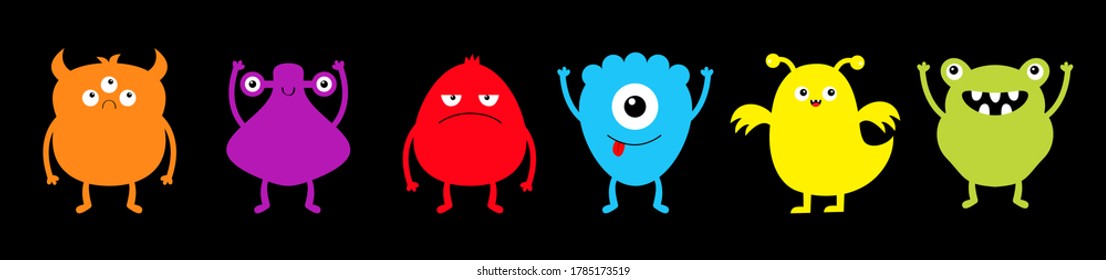 Monster set line. Happy Halloween. Cute kawaii cartoon character icon. Funny baby collection. Eyes horns, hands up, tongue. Colorful silhouette. Black background. Isolated. Flat design. Vector