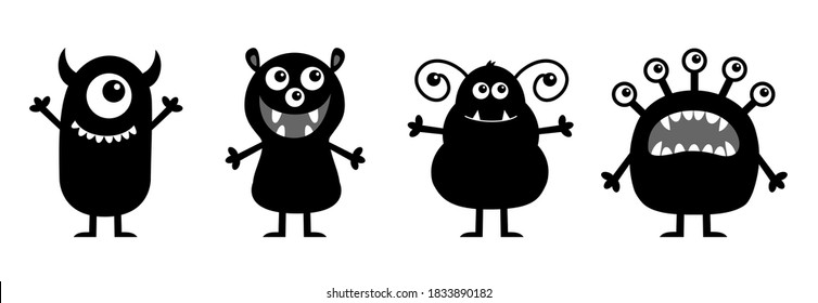 Monster set line. Happy Halloween. Cute kawaii cartoon baby character icon. Eyes teeth fang tongue, holding hands up down. Funny face head black silhouette. Flat design. White background. Vector