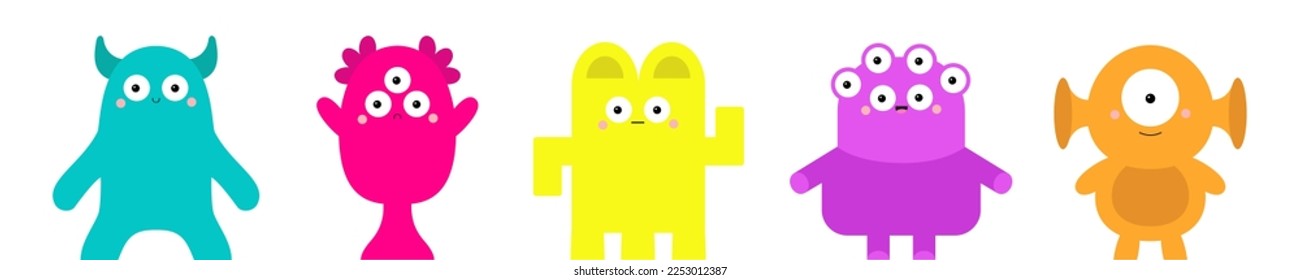Monster set line. Happy Halloween. Cute Funny Kawaii cartoon baby character. Colorful animal. Eyes, horns, fangs, hands. Sad smiling face. Boo. Sticker print. Flat design. White background. Vector