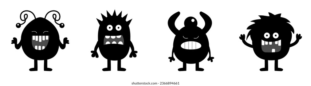 Monster set line. Happy Halloween. Cute head face. Four black silhouette monsters with different emotions. Cartoon kawaii smiling funny boo baby character. White background. Flat design. Vector