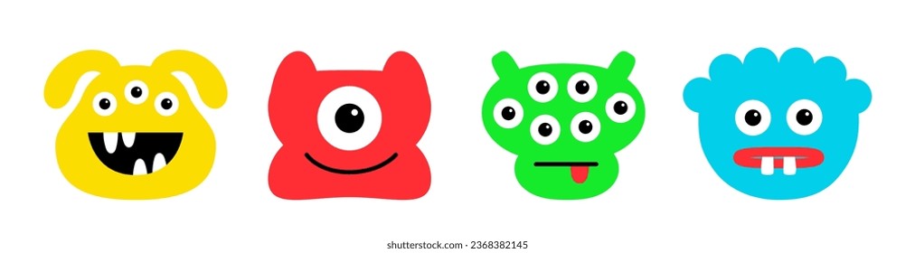 Monster set line. Happy Halloween. Cute face head. Four colorful monsters. Cartoon kawaii scary funny character. Different emotion. Baby collection. T-shirt design. White background Flat design Vector