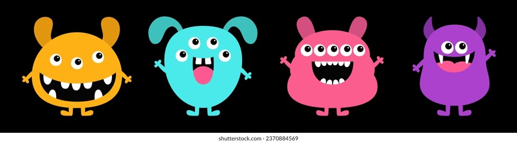 Monster set line. Happy Halloween. Colorful monsters with different emotions. Cartoon kawaii funny boo character. Cute face head. Childish baby collection. Black background. Flat design. Vector