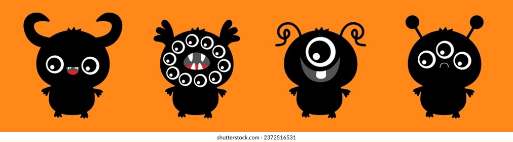 Monster set line. Happy Halloween. Black silhouette monsters. Cartoon kawaii funny boo character. Cute face with horns, teeth, eyes. Childish baby collection. Flat design. Orange background. Vector