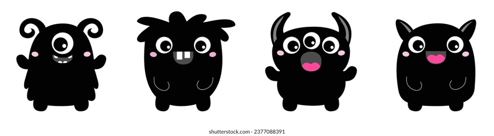 Monster set line. Happy Halloween. Cute face with eyes, horns, teeth. Black silhouette monsters. Cartoon kawaii funny boo character. Childish baby collection. Flat design. White background. Vector