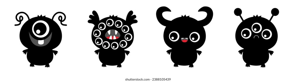 Monster set line. Happy Halloween. Black silhouette monsters. Cartoon kawaii funny boo character. Cute face with horns, teeth, eyes. Childish baby collection. Flat design. White background. Vector