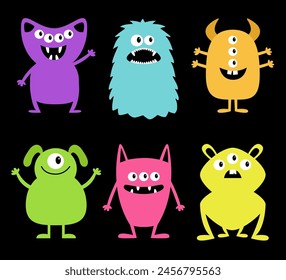 Monster set line. Happy Halloween. Cute kawaii cartoon boo character. Six colorful silhouette monsters. Different face. Teeth, eyes, horns, hands. Childish style. Flat design. Black background. Vector