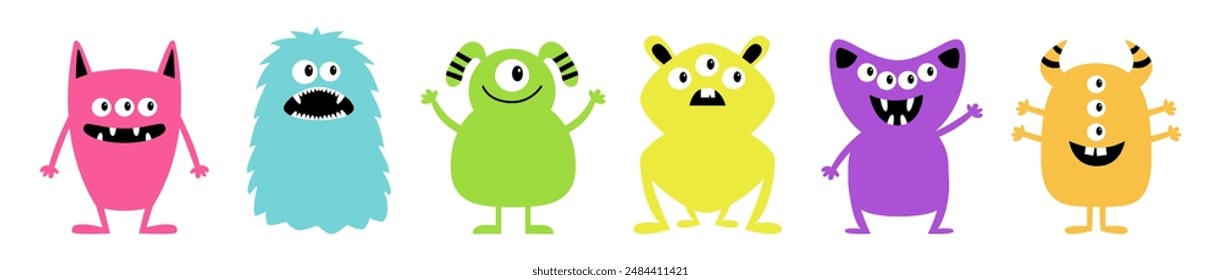 Monster set line. Happy Halloween. Colorful silhouette monsters. Cartoon kawaii funny boo baby character. Cute face. Eyes, teeth, horns, hands. Childish style. White background. Flat design. Vector