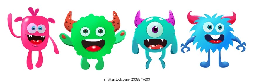 Monster set vector design. Cartoon monster with happy, smiling and cute face in white isolated background. Vector illustration character collection.