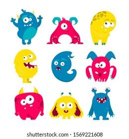 Monster set vector isolated. Collection of bright colorful and cute creature. Monster with horn smiling. Funny alien.