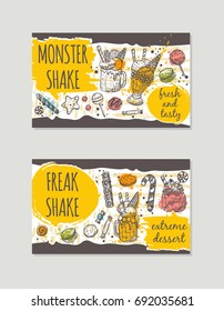 Monster shake brochure flyer design. Retro background. Hand drawn vector illustration. Can be used for menu, cafe, restaurant, bar, poster, banner, sticker, placard, layout and other.
