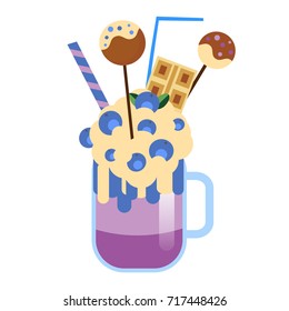 Monster shake with cake pops and blueberries. Giant milkshake. Vector icon