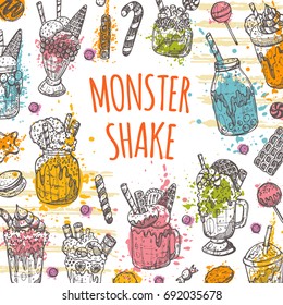 Monster shake card. Chocolate, waffles, candy, cookies, macaron, marshmallow. Hand drawn vector illustration. Can be used for restaurant, cafe, bar, menu, sticker, logo, emblem, label.