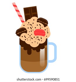 Monster shake with chocolate bar and macaroons. Giant milkshake. Vector icon
