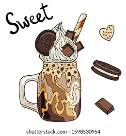 Monster shake with chocolate and caramel. Hand drawn vector illustration. Isolated on white background.