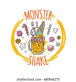 Monster shake. Chocolate, waffles, candy, cookies, macaron, marshmallow. Hand drawn vector illustration. Can be used for restaurant, cafe, bar, menu, sticker, logo, emblem, label.