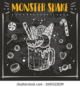 Monster shake concept design. Hand drawn vector illustration. Can be used for cafe, restaurant, bar, food studio, poster, sticker, shop, kitchen classes, emblem, sticker, badge.