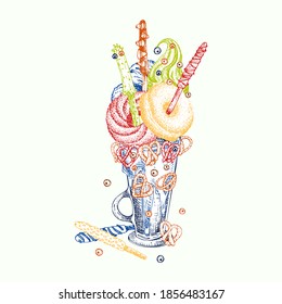 Monster shake dessert, isolated background. Hand drawn color line art, sketch style Chocolate, donut, ice cream, candy, cookies, marshmallow Design for restaurant, cafe, bar, menu Vector illustration