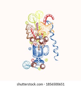 Monster shake dessert, isolated background. Hand drawn color line art, sketch style Chocolate, donut, ice cream, candy, cookies, marshmallow Design for restaurant, cafe, bar, menu Vector illustration