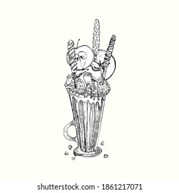 Sombrero sacude el postre, fondo aislado. Dibujo a mano en blanco y negro estilo Chocolate, donut, helado, caramelos, galletas, malvavisco Diseño para restaurante, café, bar, menú Ilustración vectorial