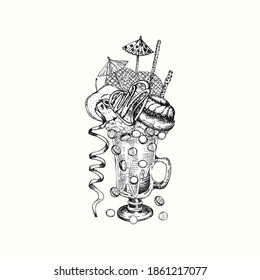 Monster shake dessert, isolated background. Hand drawn black and white sketch style Chocolate, donut, ice cream, candy, cookies, marshmallow Design for restaurant, cafe, bar, menu Vector illustration