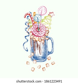 Monster shake dessert, isolated background. Hand drawn color line art, sketch style Chocolate, donut, ice cream, candy, cookies, marshmallow Design for restaurant, cafe, bar, menu Vector illustration