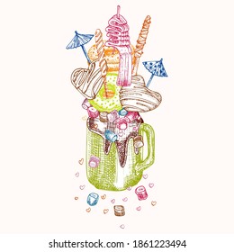 Monster shake dessert, isolated background. Hand drawn color line art, sketch style Chocolate, donut, ice cream, candy, cookies, marshmallow Design for restaurant, cafe, bar, menu Vector illustration