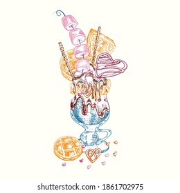 Monster shake dessert, isolated background. Hand drawn color line art, sketch style Chocolate, donut, ice cream, candy, cookies, marshmallow Design for restaurant, cafe, bar, menu Vector illustration