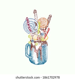 Monster shake dessert, isolated background. Hand drawn color line art, sketch style Chocolate, donut, ice cream, candy, cookies, marshmallow Design for restaurant, cafe, bar, menu Vector illustration