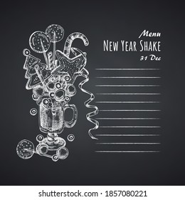 Monster shake dessert menu, chalkboard background. Hand drawn black and white sketch style Chocolate, donut, ice cream, candy, cookies, marshmallow Design for restaurant, cafe, bar Vector illustration