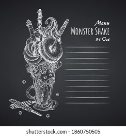 Monster shake dessert menu, chalkboard background. Hand drawn black and white sketch style Chocolate, donut, ice cream, candy, cookies, marshmallow Design for restaurant, cafe, bar Vector illustration