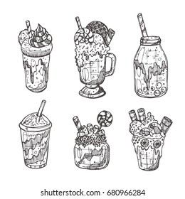 Monster shake isolated set. Chocolate, waffles, candy, cookies, macaron, marshmallow. Hand drawn vector illustration. Can be used for restaurant, cafe, bar, menu, sticker, logo, emblem, label.