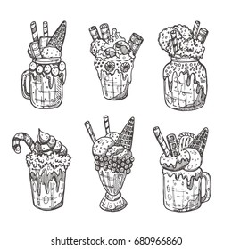 Monster shake isolated set. Chocolate, waffles, candy, cookies, macaron, marshmallow. Hand drawn vector illustration. Can be used for restaurant, cafe, bar, menu, sticker, logo, emblem, label.