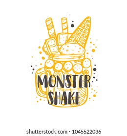 Monster shake logo, icon and label for your design. Hand drawn vector illustration. Can be used for cafe, restaurant, bar, food studio, poster, sticker, shop, kitchen classes, emblem, sticker, badge.