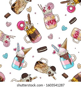 Monster shakes. Seamless pattern. Hand drawn ink illustration in line art style. Texture for print, fabric, textile, wallpaper.