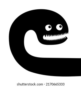 Monster silhouette in the corner. Black Funny cute cartoon kawaii baby character. Happy Halloween. Snail shape. Tooth fang. Flat design. White background. Isolated. Vector illustration
