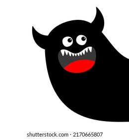 Monster silhouette in the corner. Black Funny cute cartoon kawaii baby character. Happy Halloween. Tooth fang, tongue, horns. Flat design. White background. Isolated Vector illustration