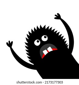 Monster silhouette in the corner. Black Funny cute cartoon kawaii baby character. Happy Halloween. Tooth fang, tongue, horns, hands. Flat design. White background. Isolated. Vector illustration