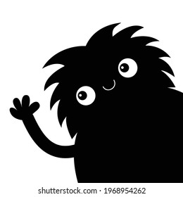 Monster silhouette in the corner waving hand in the corner. Black Funny Cute cartoon kawaii funny baby character. Happy Halloween. Flat design. White background. Isolated. Vector illustration