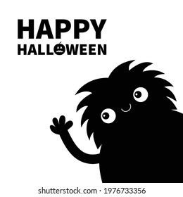 Monster silhouette in the corner waving hand. Black Funny Cute cartoon kawaii funny baby character. Happy Halloween pumpkin text. Flat design. White background. Vector illustration