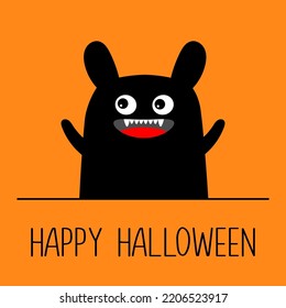 Monster silhouette. Happy Halloween. Black Funny Kawaii Cute cartoon baby character. Eyes, teeth, tongue, ear spooky hands. Boo. Flat design. Orange background. Vector illustration