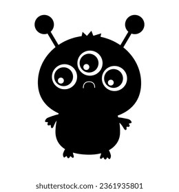 Monster silhouette. Happy Halloween. Black Funny Kawaii Cute cartoon baby character. Three eyes, fang, tongue teeth, spooky hands. Smiling emotion. Boo. Flat design. White background. Vector