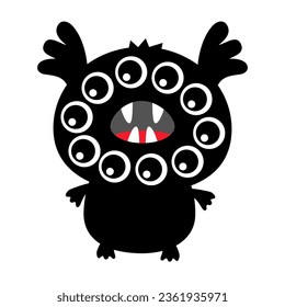 Monster silhouette. Happy Halloween. Black Funny Kawaii Cute cartoon baby character. Many eyes, teeth, fang, tongue spooky hands. Smiling emotion. Boo. Flat design. White background. Vector