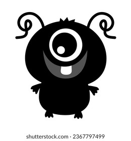 Monster silhouette. Happy Halloween. Black Funny Kawaii Cute cartoon baby character. One eye, fang tooth, tongue, spooky hands. Smiling emotion. Boo. Flat design. Orange background Vector illustration