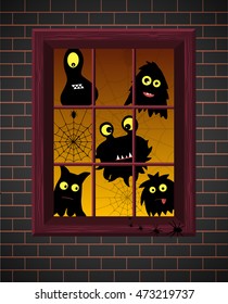 Monster silhouettes. Window. Vector illustration. Monster silhouettes on window with evening light,brick wall background. Cute monsters. Vector illustration for halloween.